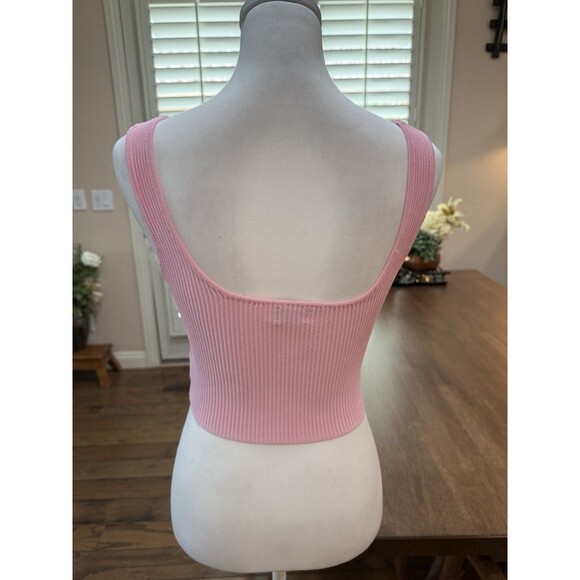 White Fox Pink Ribbed Knit Crop Tank Top Small | Y2K Minimalist Sleeveless - Picture 4 of 8